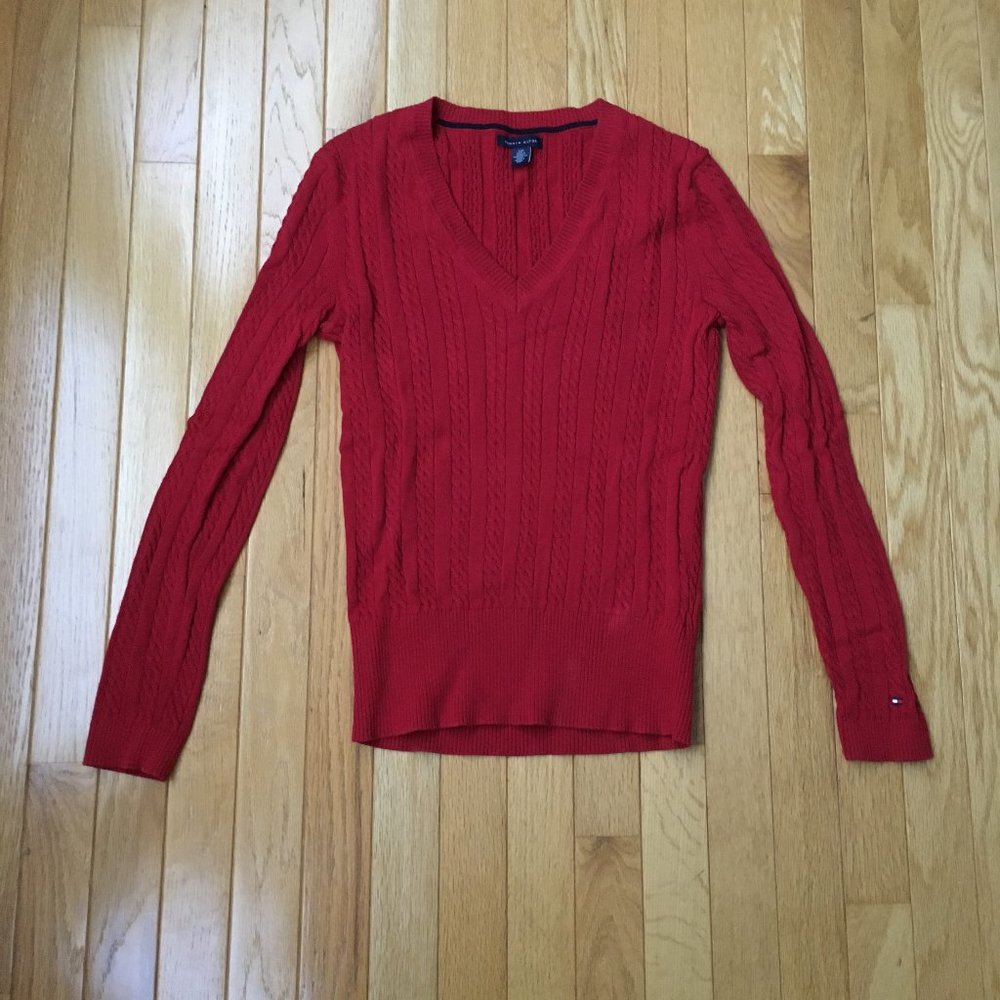 Tommy Hilfiger Red V-Neck Cable Knit Cotton Sweater Size S
